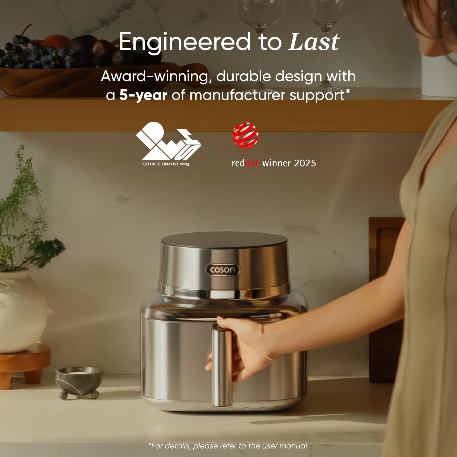 Cosori Iconic Air Fryer: 6.5QT, smart functions, PFAS-free coating, 450ยฐF cooking, versatile and consistent results.