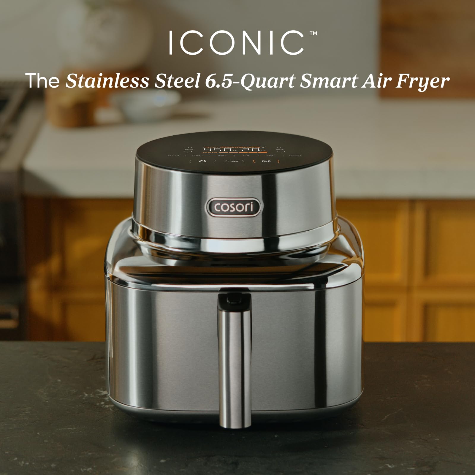 Cosori Iconic Air Fryer: 6.5QT, smart functions, PFAS-free coating, 450ยฐF cooking, versatile and consistent results.