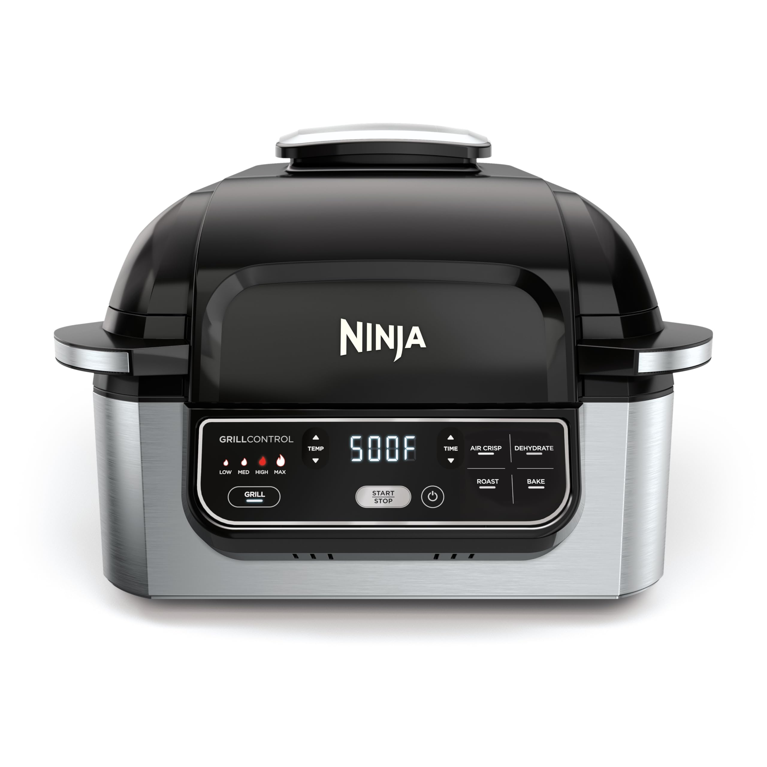 Ninja Foodi AG301 Grill: 5-in-1 indoor grill, air fry, roast, bake, dehydrate, smoke control, easy cleaning design.
