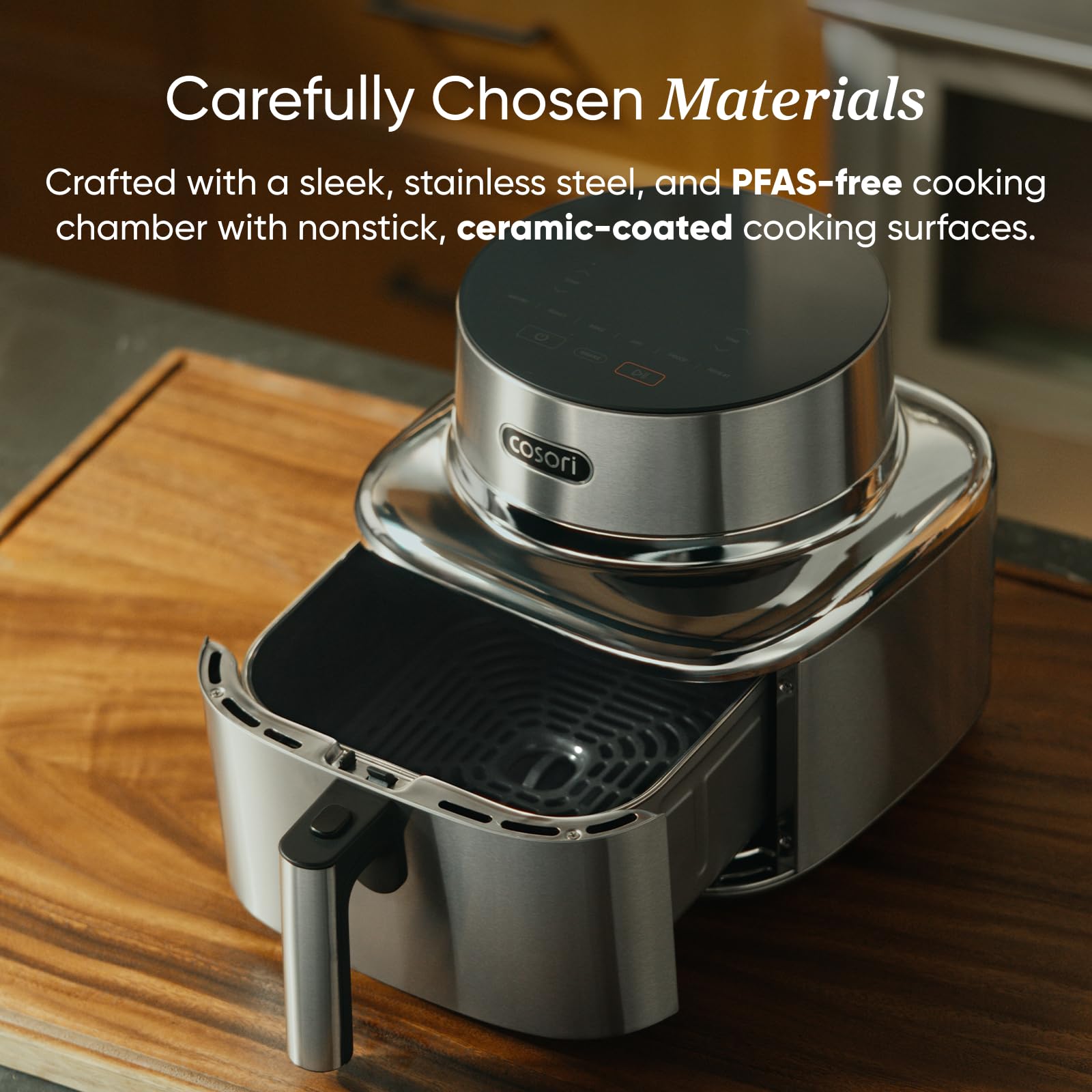 Cosori Iconic Air Fryer: 6.5QT, smart functions, PFAS-free coating, 450ยฐF cooking, versatile and consistent results.