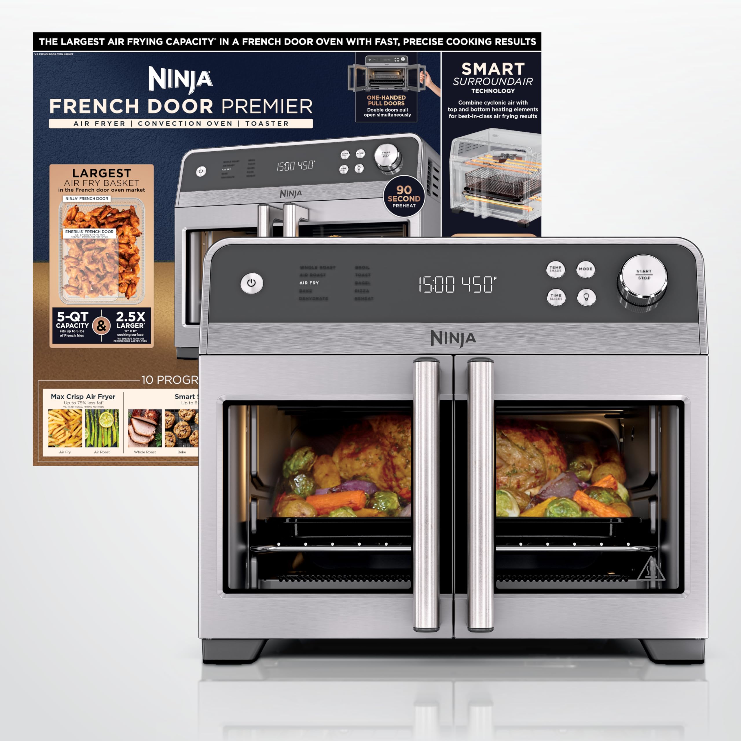 Ninja FO101 Oven: French door air fryer oven, 10-in-1 functions, 20QT capacity, dishwasher-safe accessories.